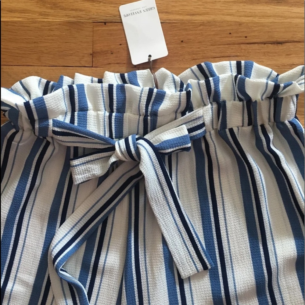New! Blue white lightweight pull on pants! Ruffle waist with tie